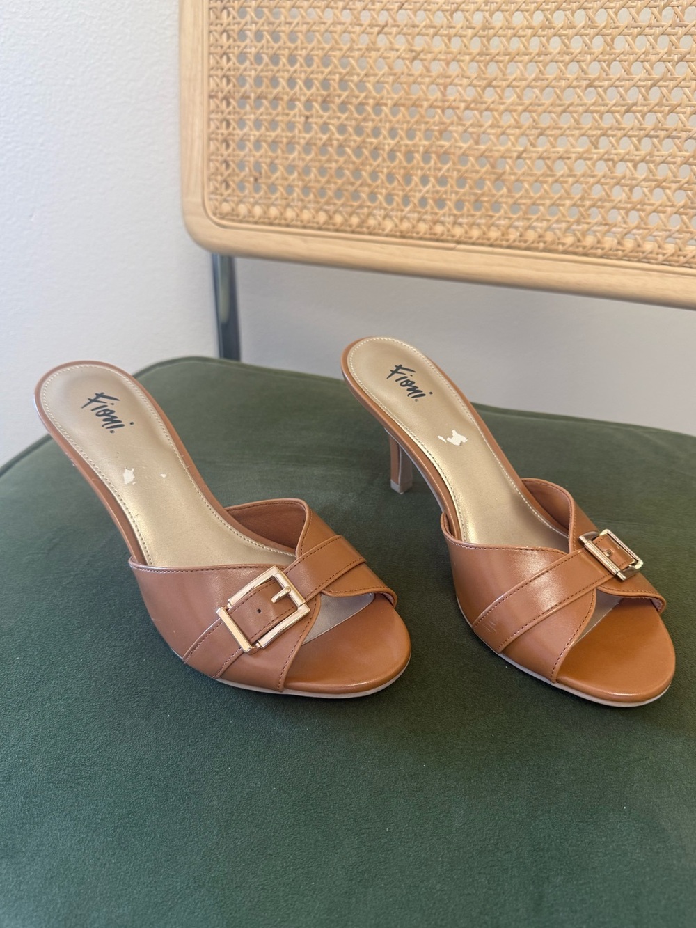 Brown Leather Buckle Mule Heels